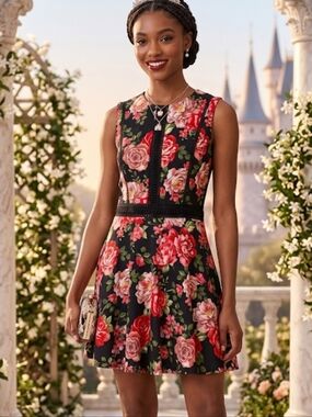 Disney Black Floral Fit & Flare Mini Dress Juniors XL